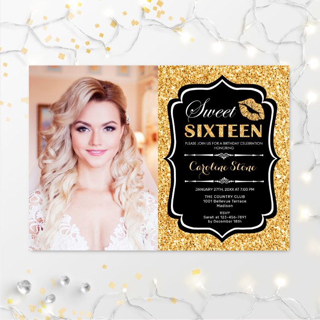 Invitation Photo Sweet 16 Anniversaire - Kiss Gold Black (Créateur téléchargé)