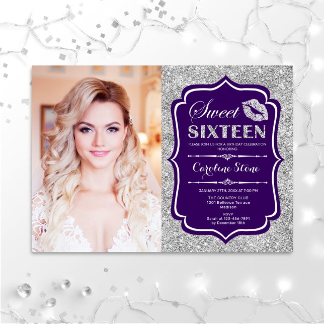 Invitation Photo Sweet 16 Anniversaire - Kiss Purple Silver (Créateur téléchargé)