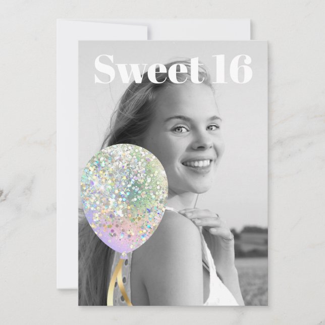 Invitation *~* PHOTO Sweet 16 Anniversaire Rainbow Balloon AP (Devant)