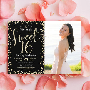 Invitation Photo Sweet 16 Moderne Anniversaire Paillettes Noi