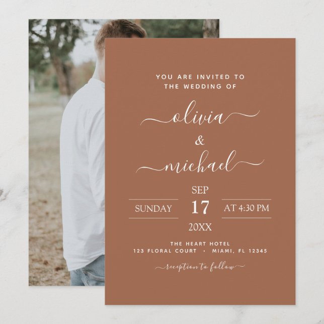 Invitation Photo Terra Cotta Boho Mariage Simple (Devant / Derrière)