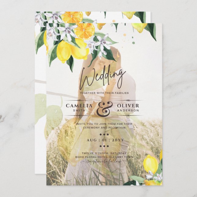 Invitation PHOTO TOUT-EN-1 OVERLAY Mariage de citrons Inviter (Devant / Derrière)