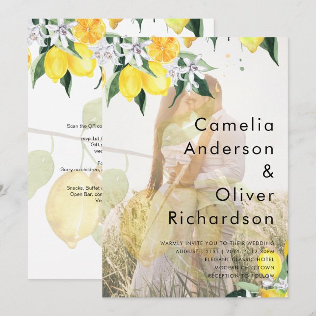 Invitation PHOTO TOUT-EN-1 OVERLAY Mariage de citrons Inviter (Devant / Derrière)