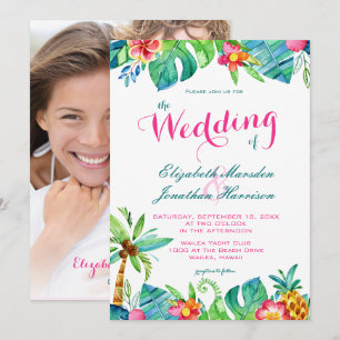 Invitation Photo Tropical Beach rose Turquoise Floral Mariage