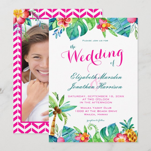 Invitation Photo Tropical Berry Pink Turquoise Floral Mariage (Devant / Derrière)
