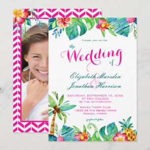 Invitation Photo Tropical Berry Pink Turquoise Floral Mariage