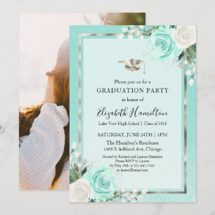 Invitation Photo turquoise & Foil Silver Floral Graduation Pa
