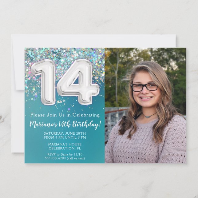 Invitation Photo Turquoise Parties scintillant d'argent 14e a (Devant)