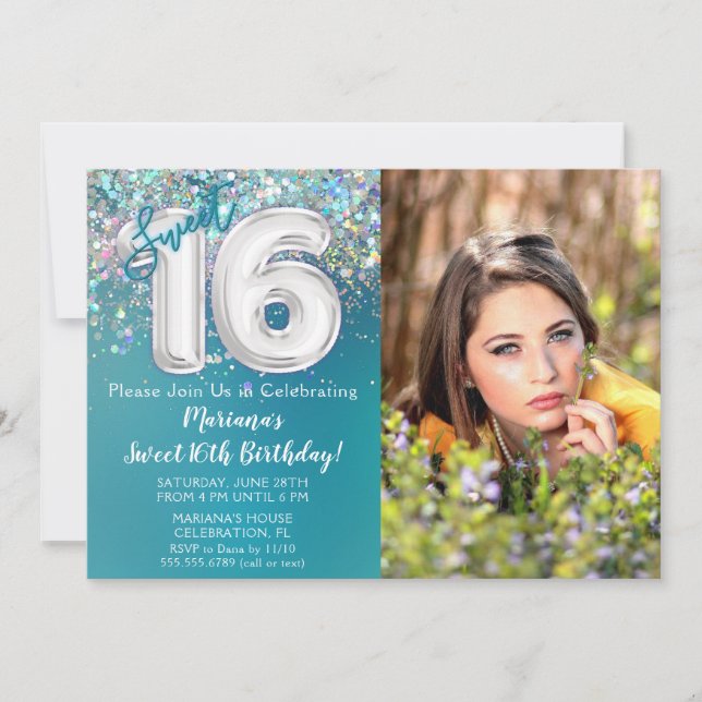 Invitation Photo Turquoise Parties scintillant d'argent 16e a (Devant)