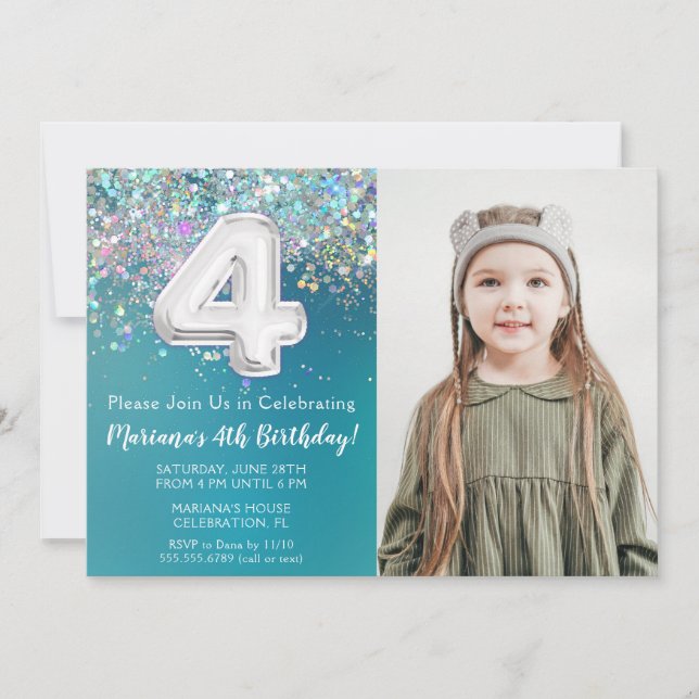 Invitation Photo Turquoise Parties scintillant d'argent Invit (Devant)