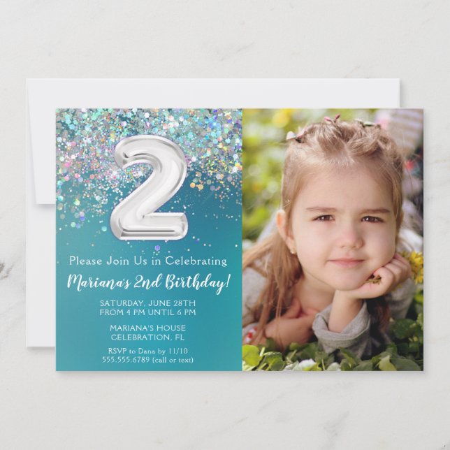 Invitation Photo Turquoise Silver Parties scintillant 2e anni (Devant)