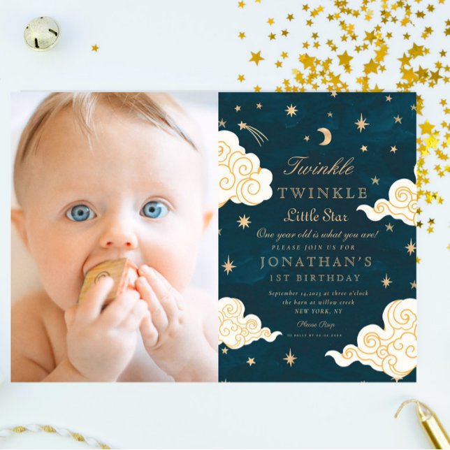 Invitation photo Twinkle Little Stars Cute Moon 1er Anniversa (Créateur téléchargé)