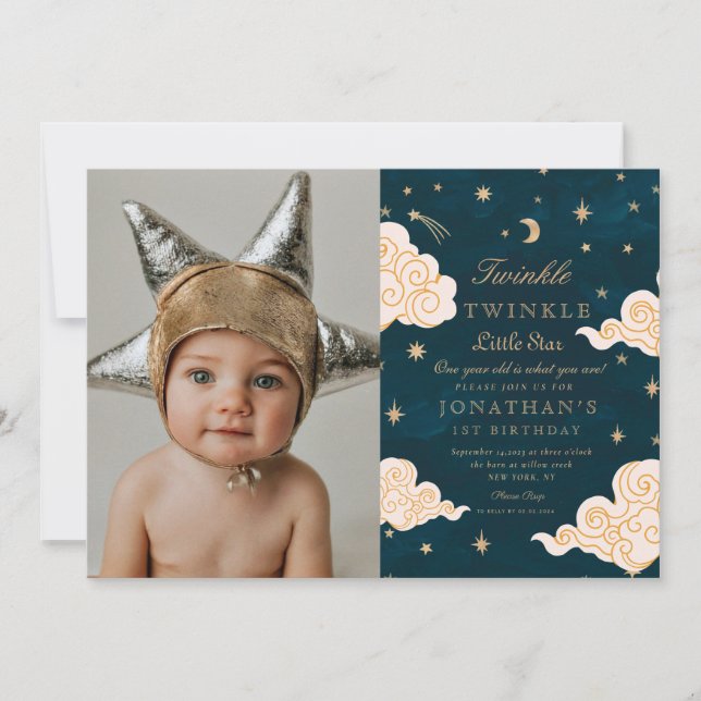 Invitation photo Twinkle Little Stars Cute Moon 1er Anniversa (Devant)