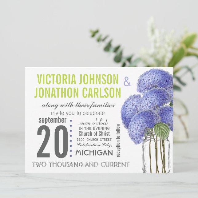 Invitation Photo Ultra Viole Lime Hydrangea Mason Jar Mariage (Debout devant)