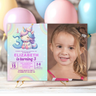 Invitation Photo Unicorn 3rd Birthday – Rainbow Girl party
