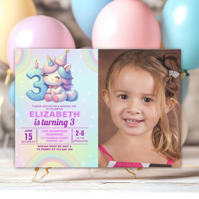 Invitation Photo Unicorn 3rd Birthday – Rainbow Girl party (Créateur téléchargé)