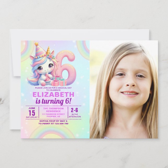 Invitation Photo Unicorn 6th Birthday – Rainbow Girl party (Devant)