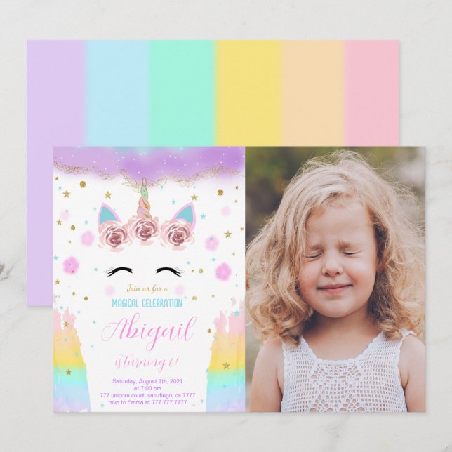 Invitation photo Unicorn modifiable (Devant / Derrière)