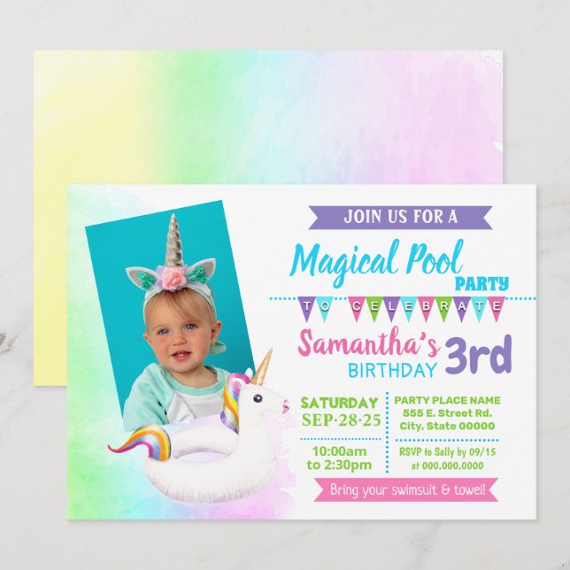 Invitation Photo Unicorn pool fête d'anniversaire d'été (Devant / Derrière)