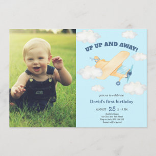 Invitation Photo Up & Away 1er Boy Birthday Airplane