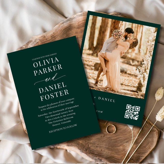 Invitation Photo vert Emerald moderne Mariage de code QR (Créateur téléchargé)