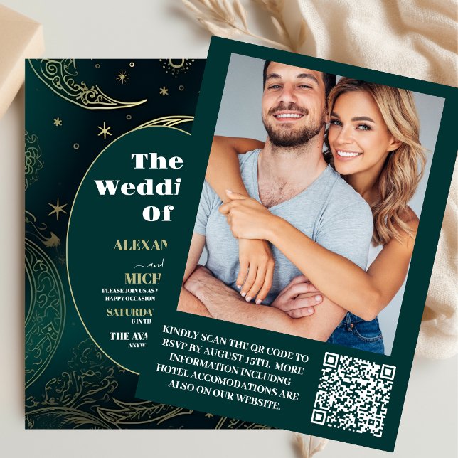 Invitation Photo Vert Émeraude Or Céleste  Mariage (Créateur téléchargé)