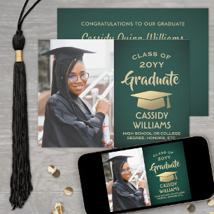 Invitation Photo Vert et Or Moderne Élégant Graduation