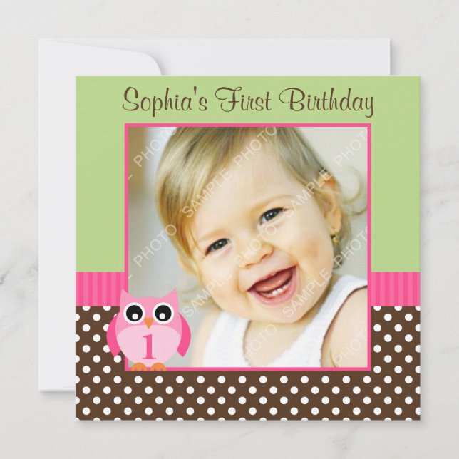 Invitation Photo verte rose de fille d'anniversaire de point (Devant)
