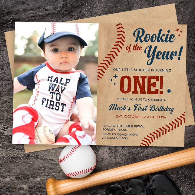 Invitation photo vintage 1er anniversaire Baseball (Créateur téléchargé)