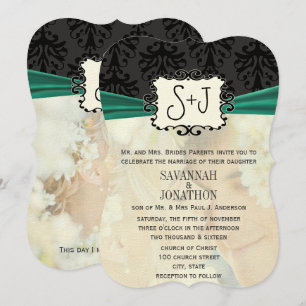 Invitation Photo Vintage Damask Emerald Green Mariage noir