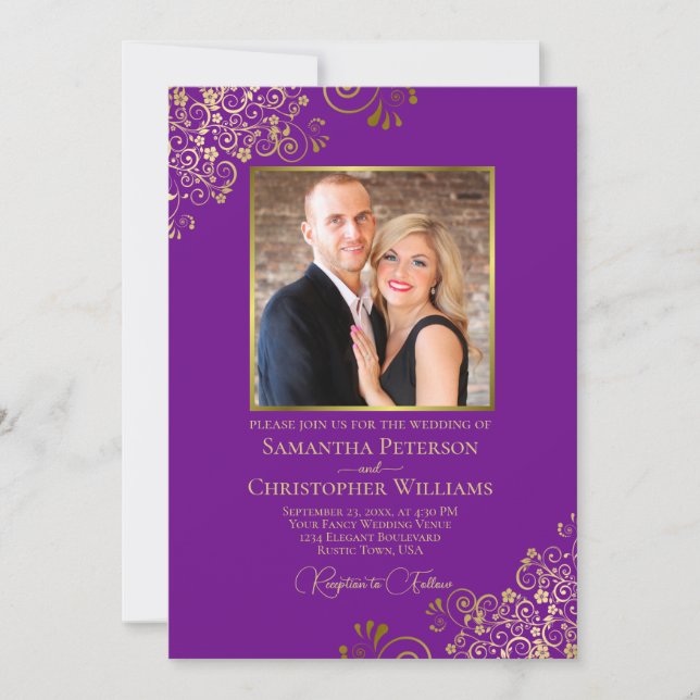 Invitation Photo violet et or et code QR Mariage fantaisie (Devant)