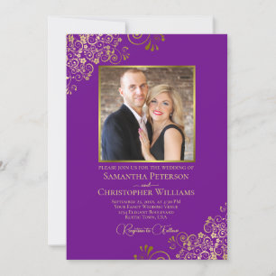 Invitation Photo violet et or et code QR Mariage fantaisie