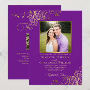 Invitation Photo violet et or et code QR Mariage fantaisie