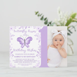 Invitation Photo violette moderne Papillon floral 1er anniver