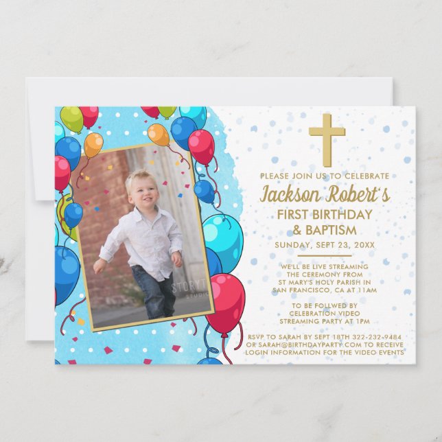 Invitation Photo virtuelle 1er anniversaire Baptême bleu Gold (Devant)