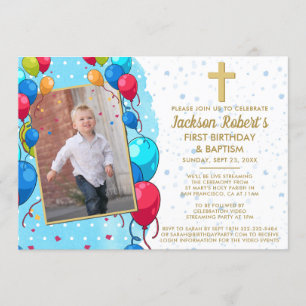 Invitation Photo virtuelle 1er anniversaire Baptême bleu Gold