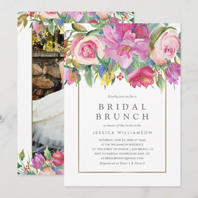 Invitation Photo Watercolor Floral Bridal Brunch (Devant / Derrière)
