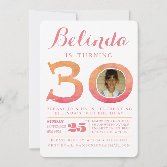 Invitation photo Watercolor Ombre 30th Birthday Pa (Devant)