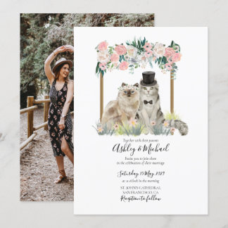 Invitation Photo Whimsical Aquarelle Chat Rose Blanc Floral