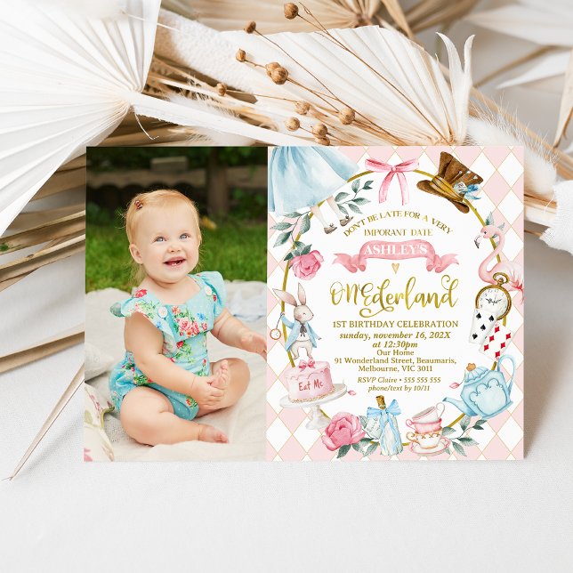 Invitation Photo Whimsical Bow Alice Onederland 1er Birt (Alice In Onederland Birthday Invitation Pink Bow, Onederand 1st Birthday Invitation Girl, With Photo)