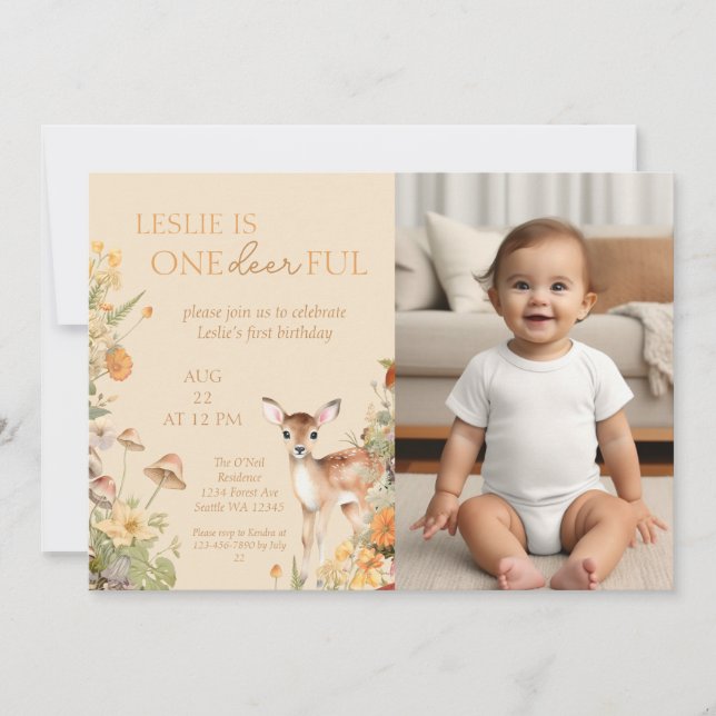 Invitation Photo Whimsical Woodland Deer First Birday (Devant)