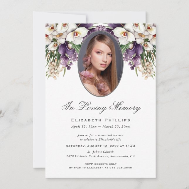 Invitation Photo White Purple Orchid Funeral Service (Devant)