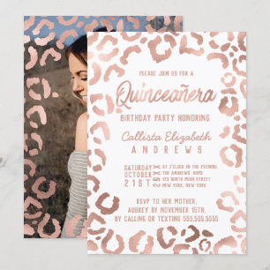 Invitation Photo White Rose Gold Cheetah Leopard Quinceañera