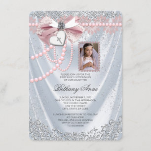 Invitation Photo White Satin, Filles Première communion