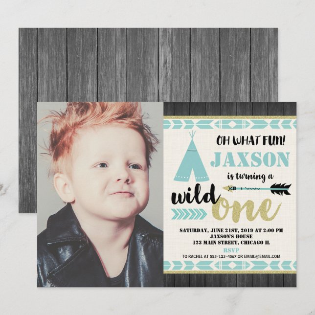 Invitation photo Wild One 1er anniversaire turquoi (Devant / Derrière)