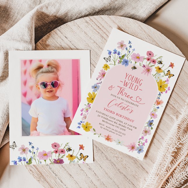Invitation Photo Wildflower Young Wild Three 3rd Birthday  (Young Wild and Three Wildflower 3rd Birthday Invitation, Young Wild and Three Invitation Wildflowers)