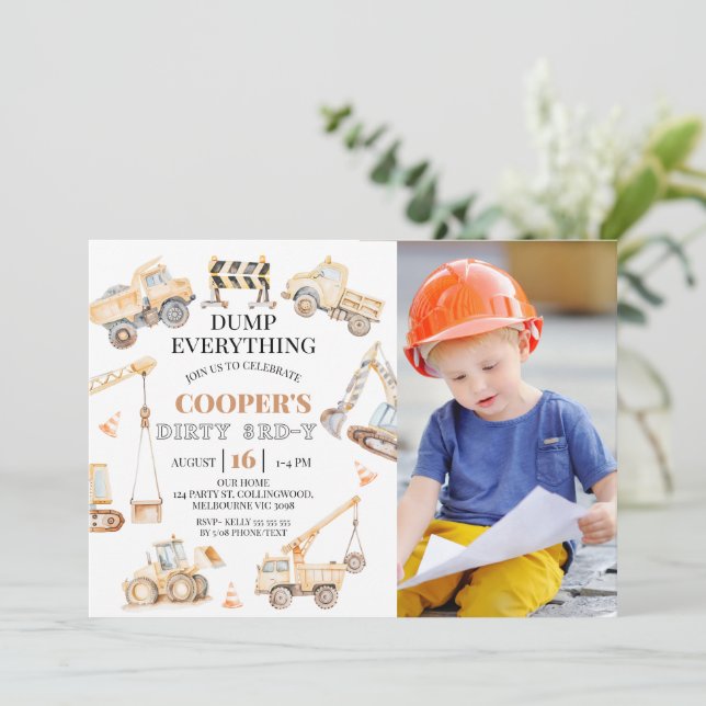 Invitation Photo Yellow Construction Dirty 3e anniversaire 3e (Debout devant)