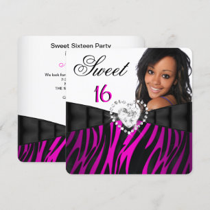Invitation Photo Zèbre Rose Argent Douze Seize Anniversaire