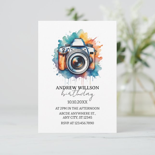 Invitation photographe à l'aquarelle caméra ANNIVERSAIRE (Debout devant)