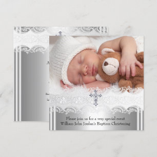 Invitation Photographie Baptême Dentelle Croix Bébé Garçon Fi